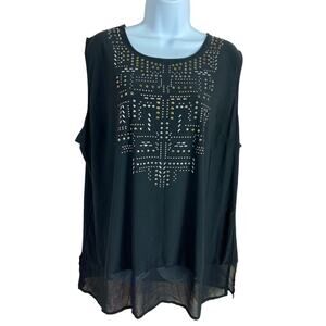Linda Matthews New York Black Studded Blouse Sz 2X Black Long Top